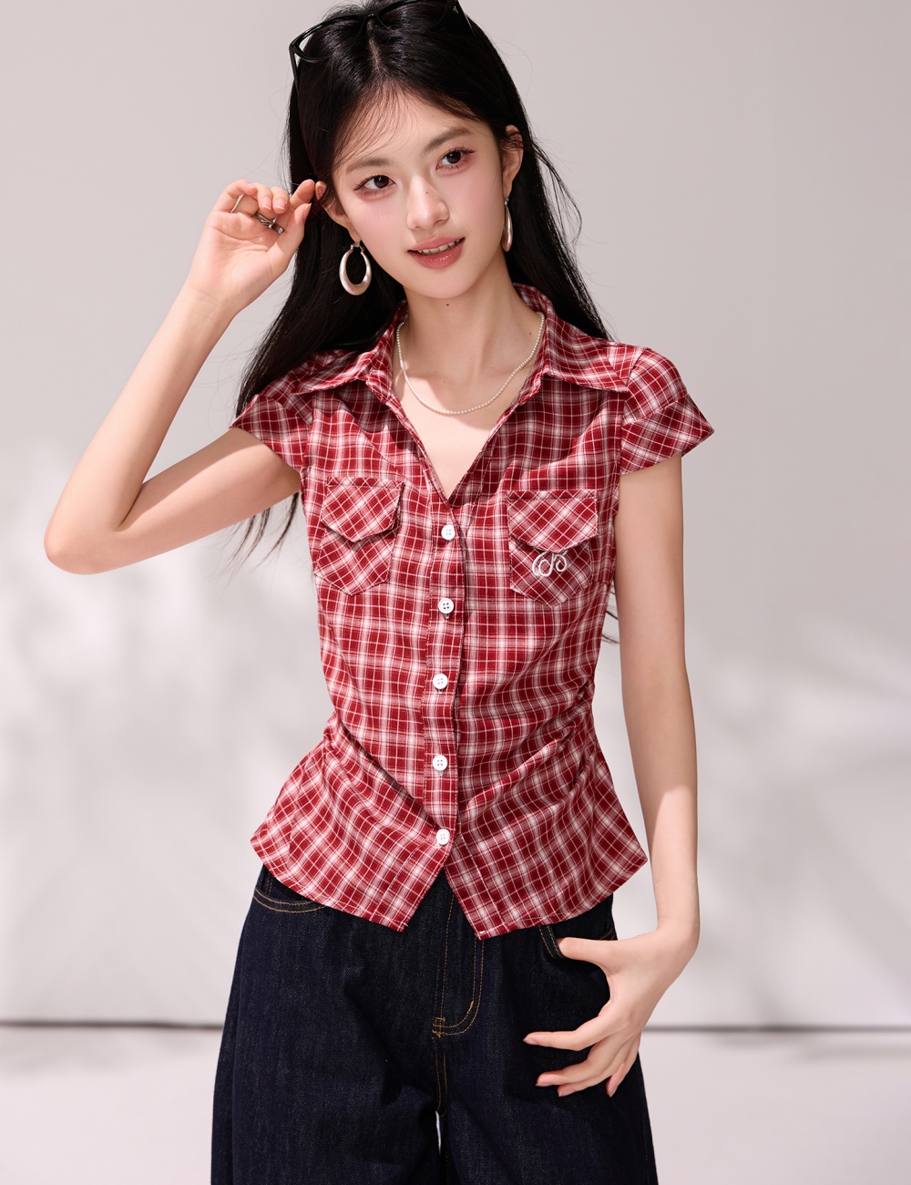 Pinched waist retro slim shirt summer plaid tops