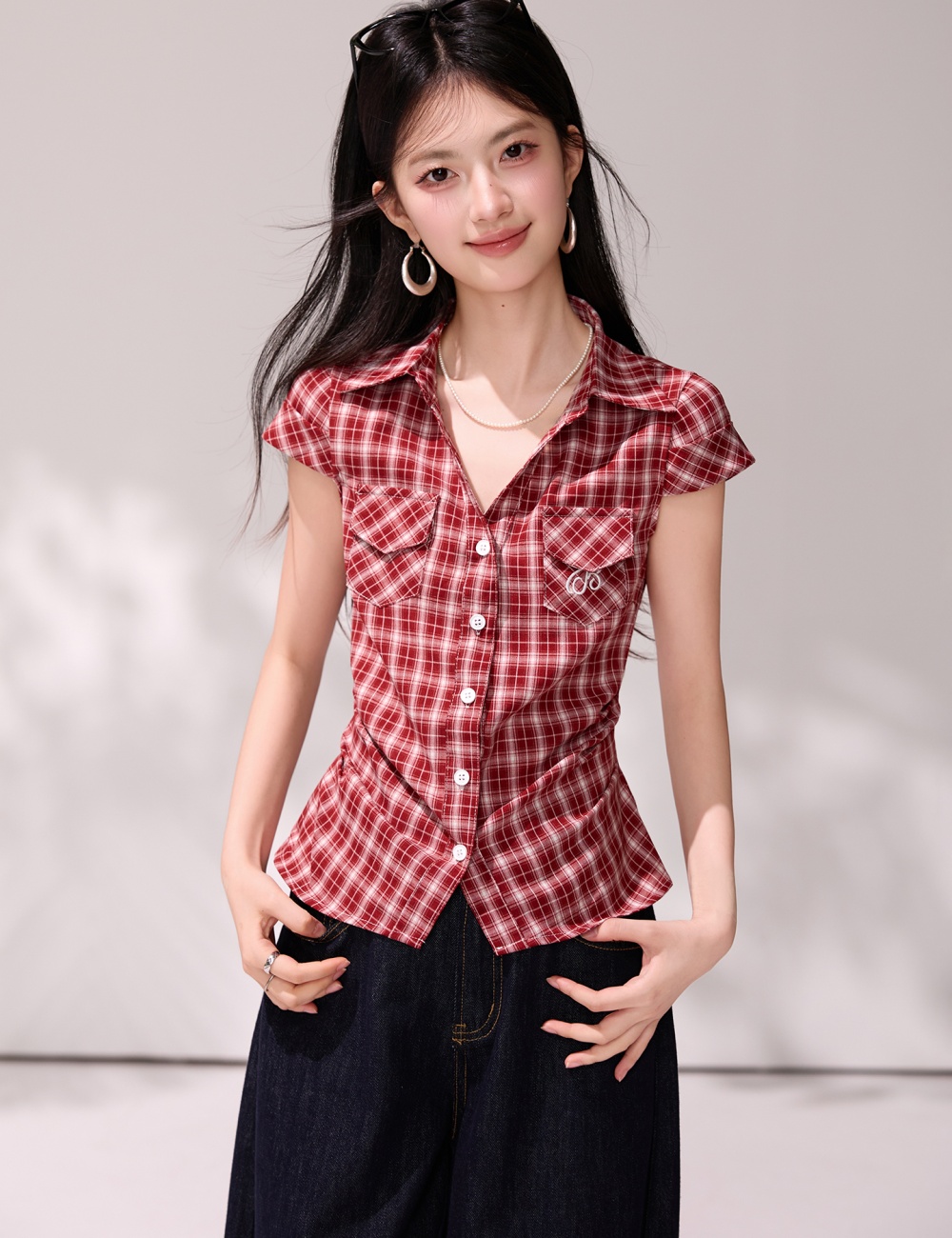Pinched waist retro slim shirt summer plaid tops