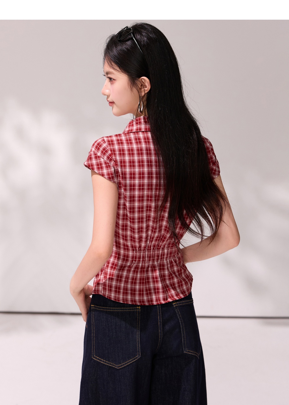 Pinched waist retro slim shirt summer plaid tops