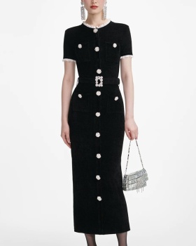 Round neck pinched waist long dress short sleeve dress