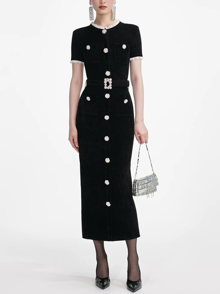 Round neck pinched waist long dress short sleeve dress