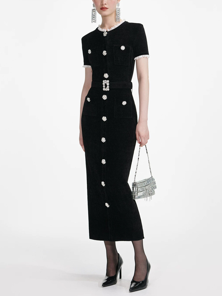 Round neck pinched waist long dress short sleeve dress