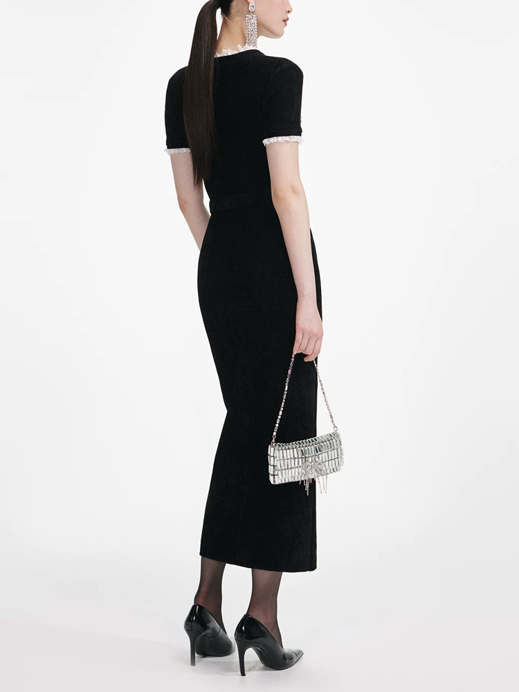 Round neck pinched waist long dress short sleeve dress