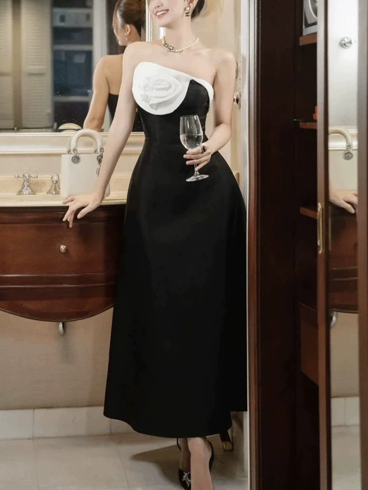 Slim flowers wrapped chest Hepburn style elegant dress