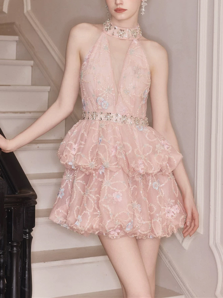 Cake V-neck formal dress pink dress for women