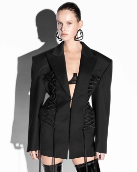 Drawstring tying business suit fashion long coat