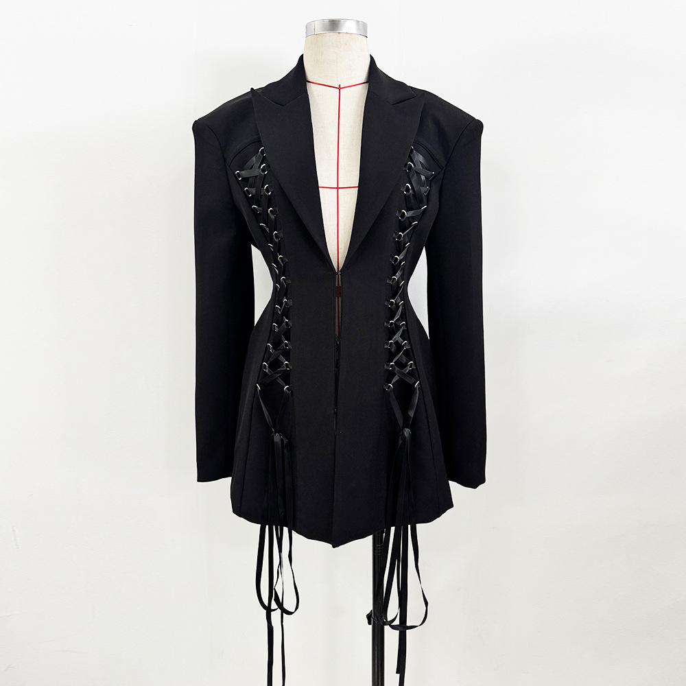 Drawstring tying business suit fashion long coat