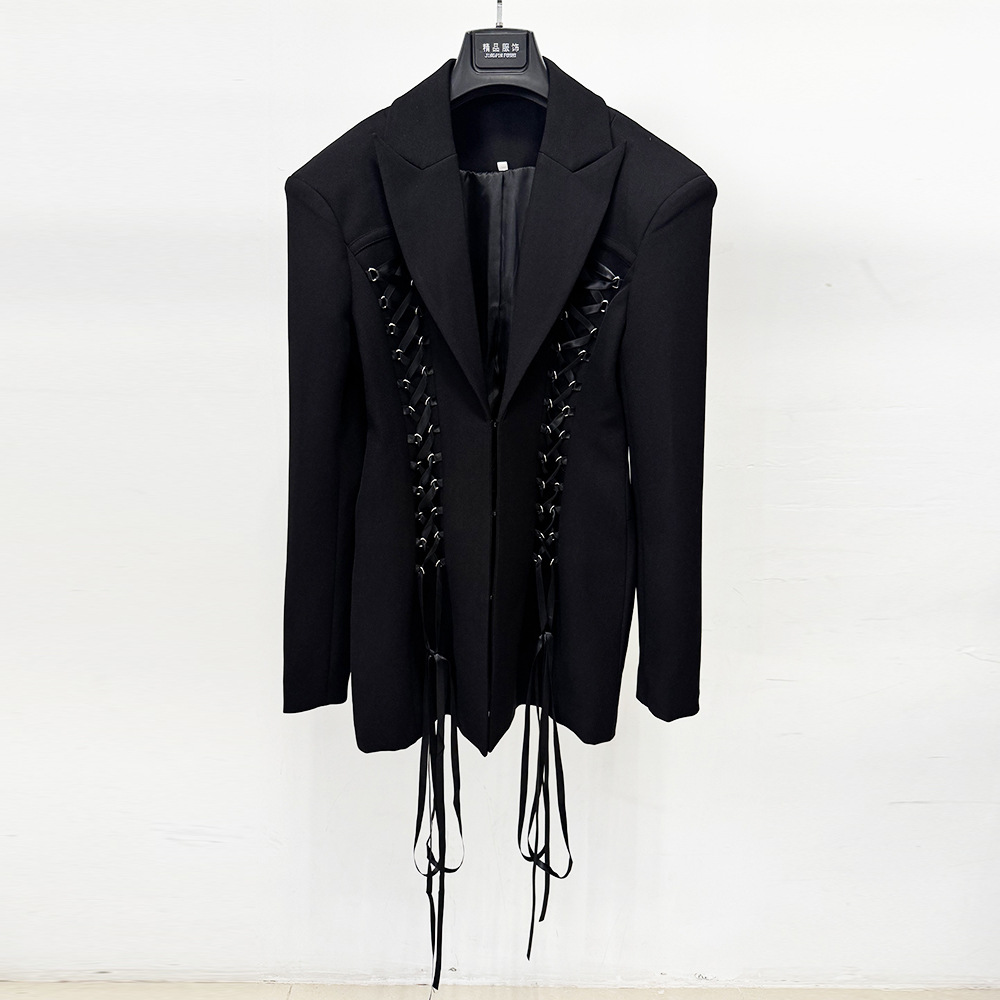 Drawstring tying business suit fashion long coat