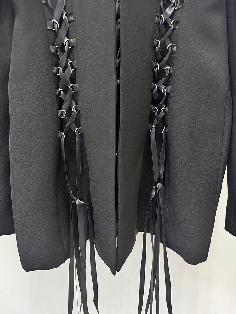 Drawstring tying business suit fashion long coat