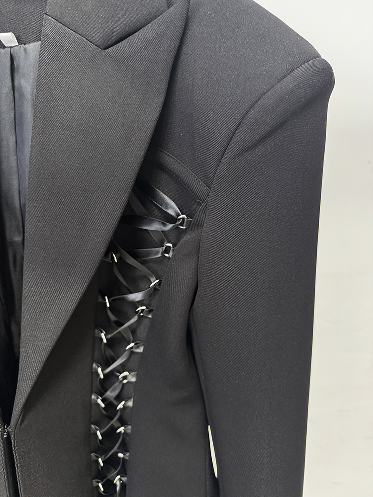 Drawstring tying business suit fashion long coat