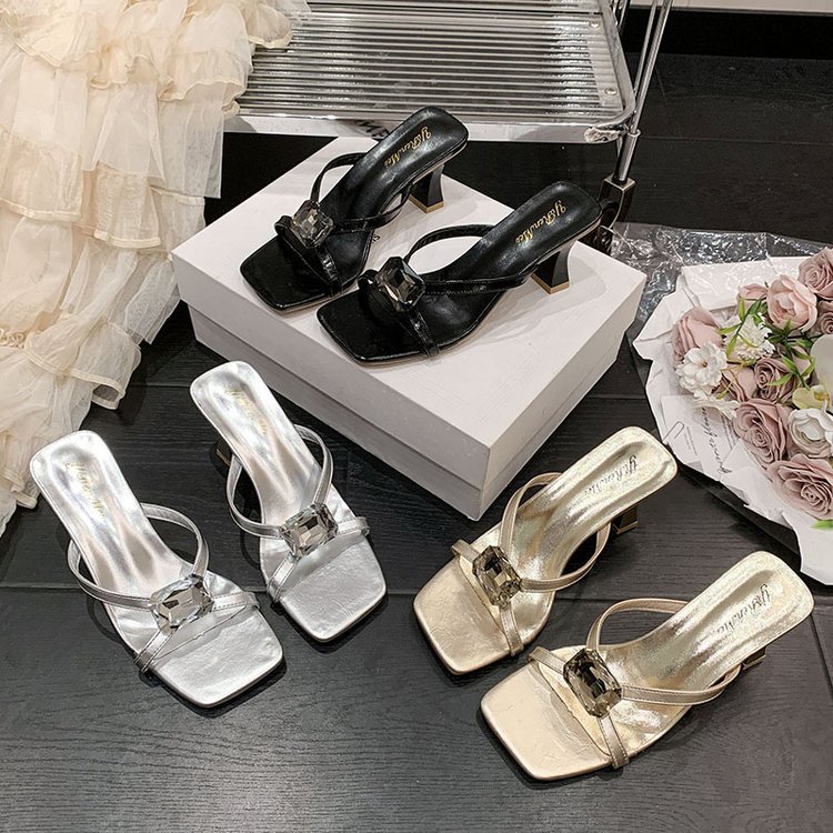 Square head fashion shoes middle-heel slippers for women