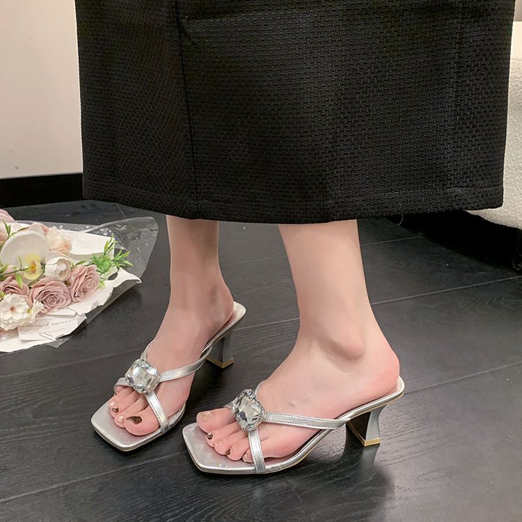 Square head fashion shoes middle-heel slippers for women