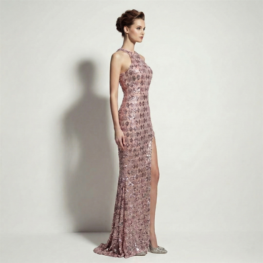 Halter party slim annual meeting sequins long evening dress