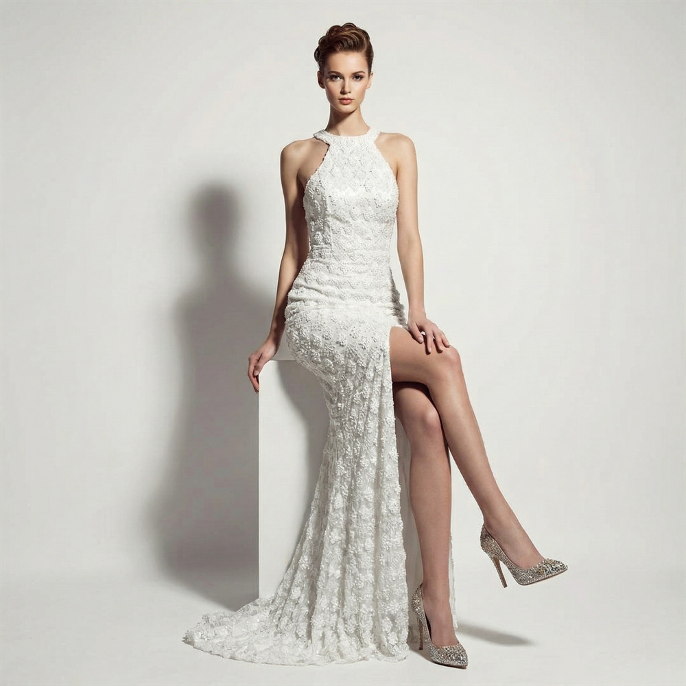 Halter party slim annual meeting sequins long evening dress