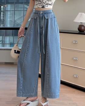 Drape slim pure cotton denim wide leg pants for women