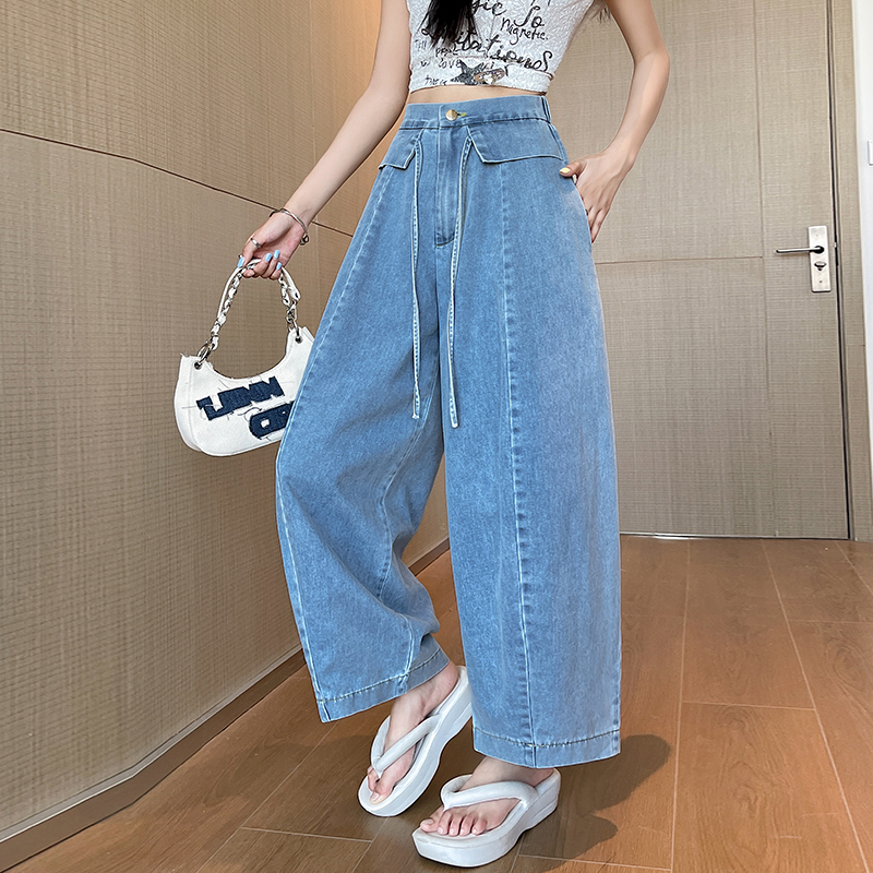 Drape slim pure cotton denim wide leg pants for women