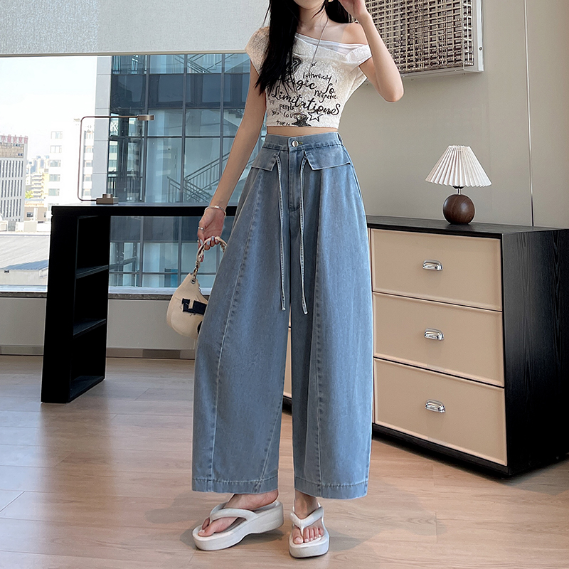 Drape slim pure cotton denim wide leg pants for women