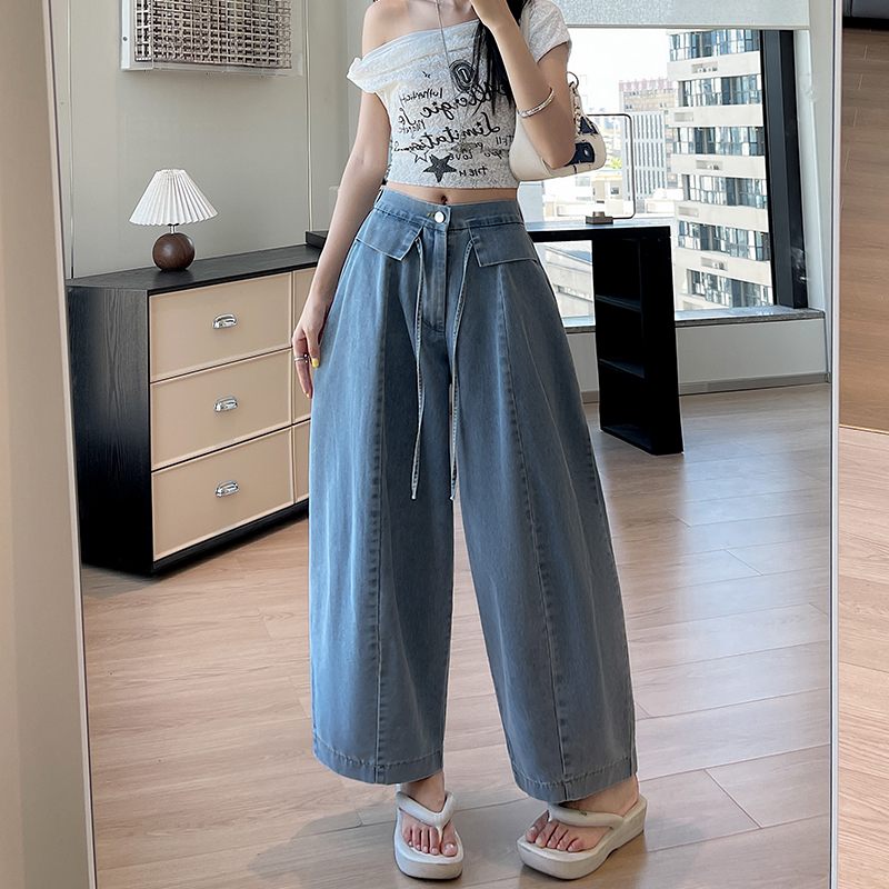 Drape slim pure cotton denim wide leg pants for women