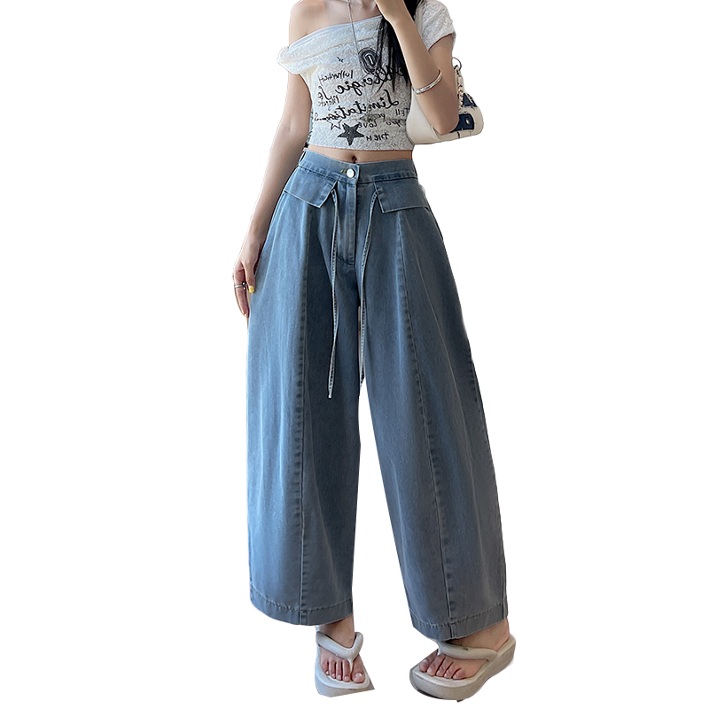 Drape slim pure cotton denim wide leg pants for women