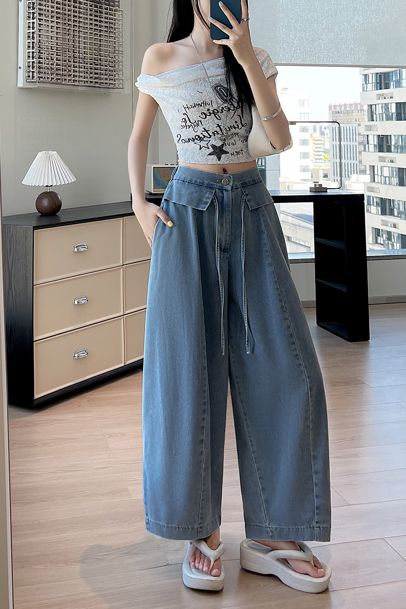 Drape slim pure cotton denim wide leg pants for women
