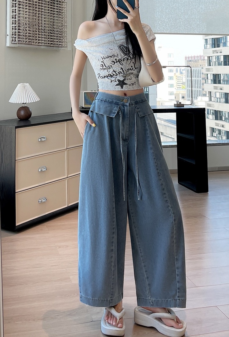 Drape slim pure cotton denim wide leg pants for women