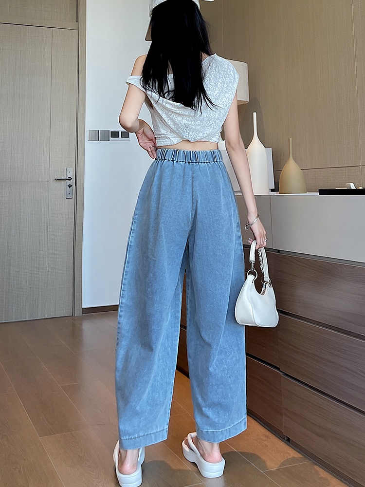 Drape slim pure cotton denim wide leg pants for women