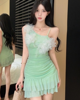 Tender gauze lady temperament sloping shoulder dress
