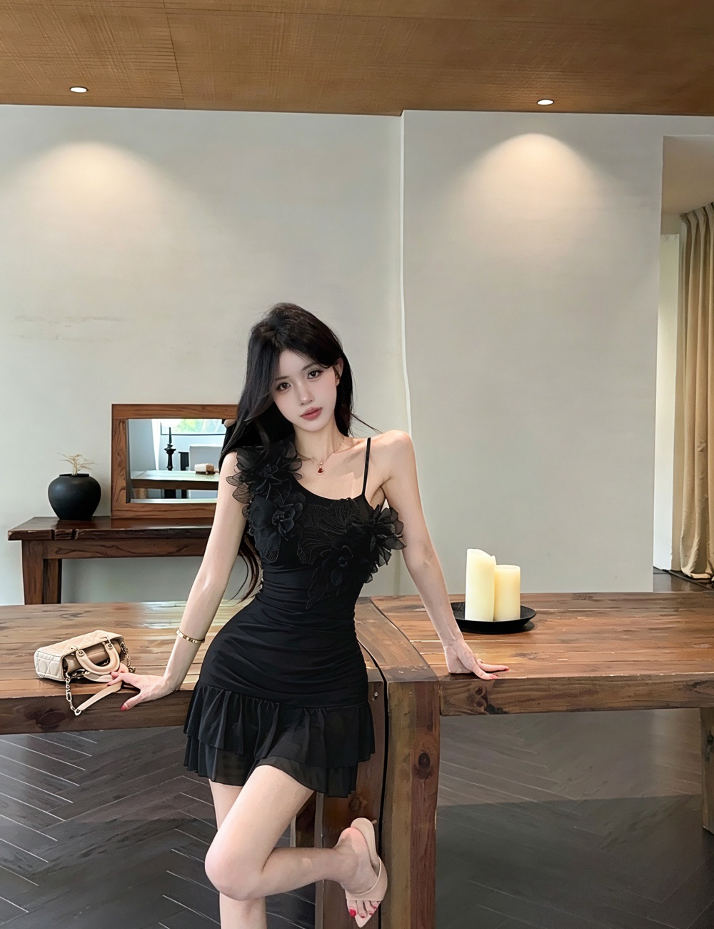 Tender gauze lady temperament sloping shoulder dress