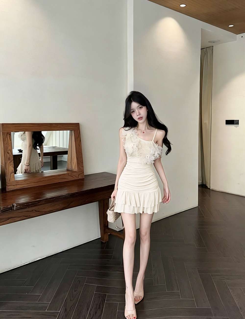 Tender gauze lady temperament sloping shoulder dress