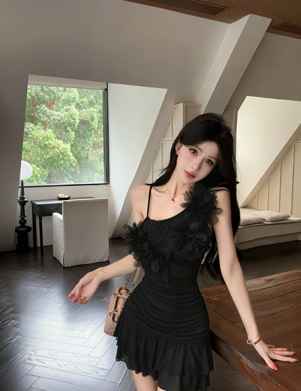 Tender gauze lady temperament sloping shoulder dress