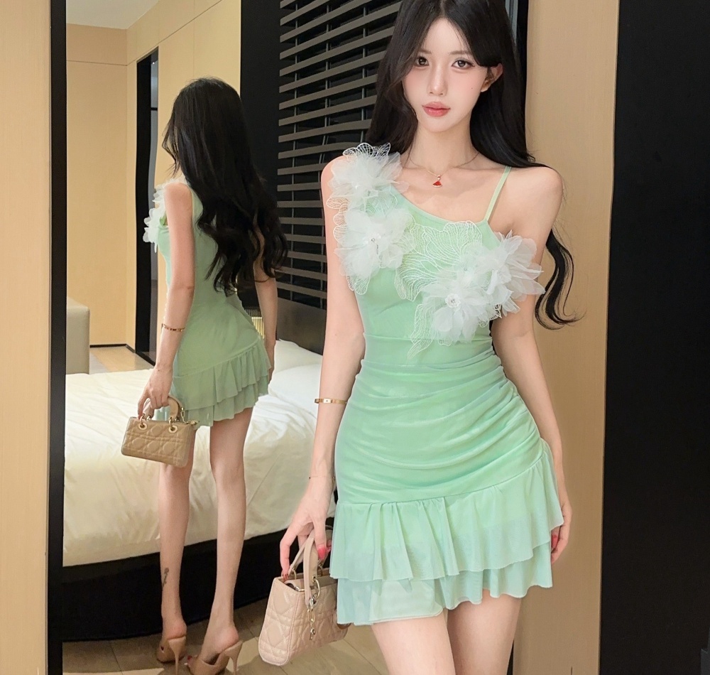 Tender gauze lady temperament sloping shoulder dress