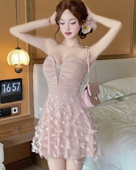 Pinched waist butterfly sweet thick and disorderly dress