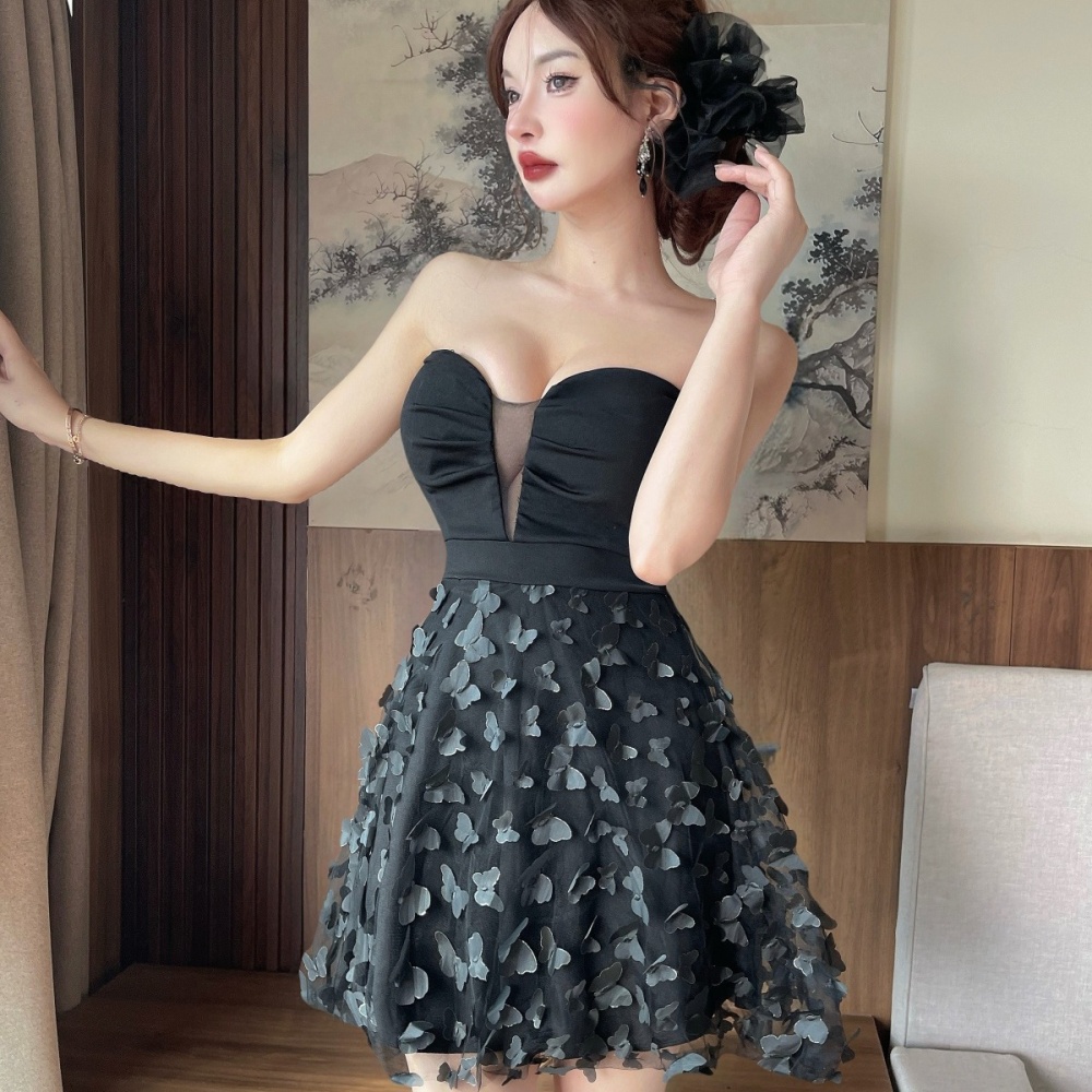 Pinched waist butterfly sweet thick and disorderly dress