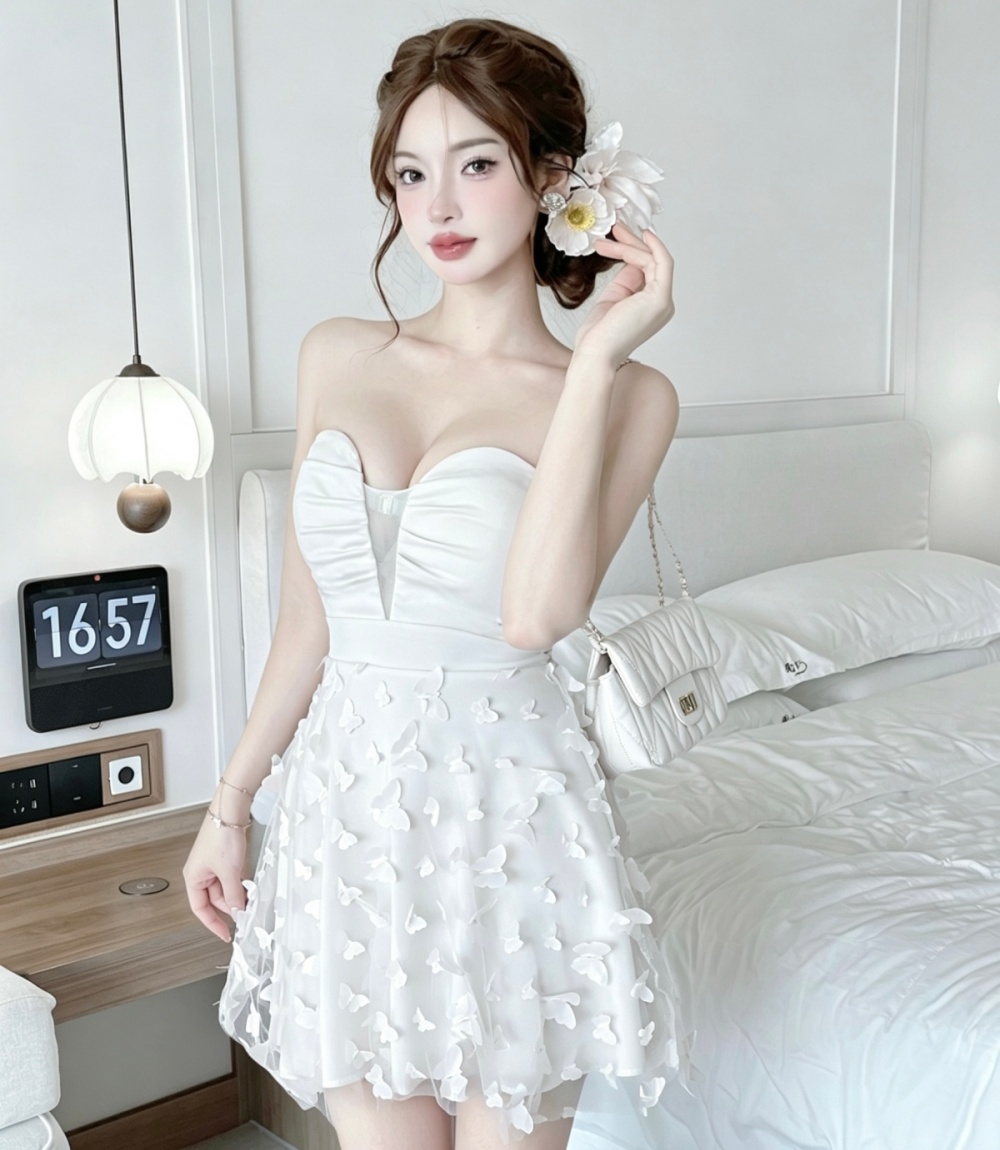 Pinched waist butterfly sweet thick and disorderly dress
