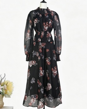 Small high collar printing skirt retro elastic dress a set
