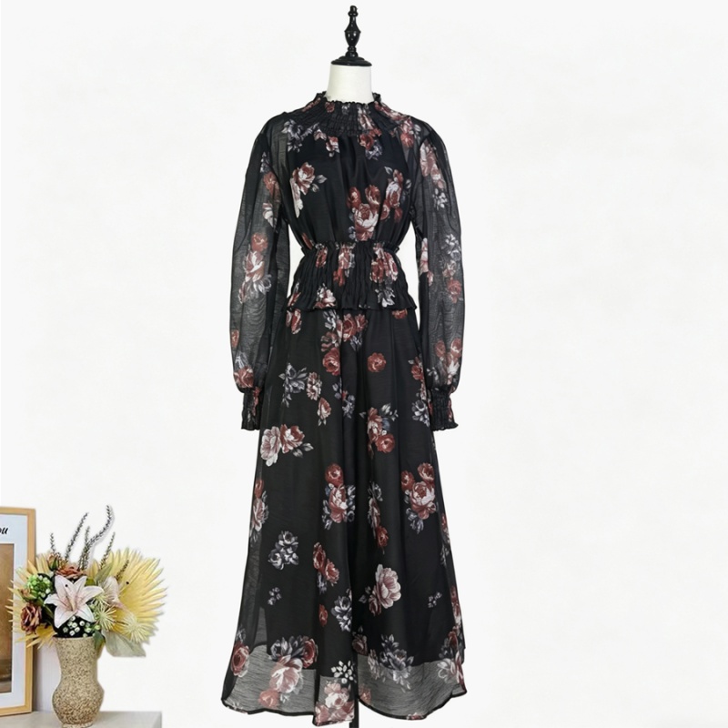 Small high collar printing skirt retro elastic dress a set