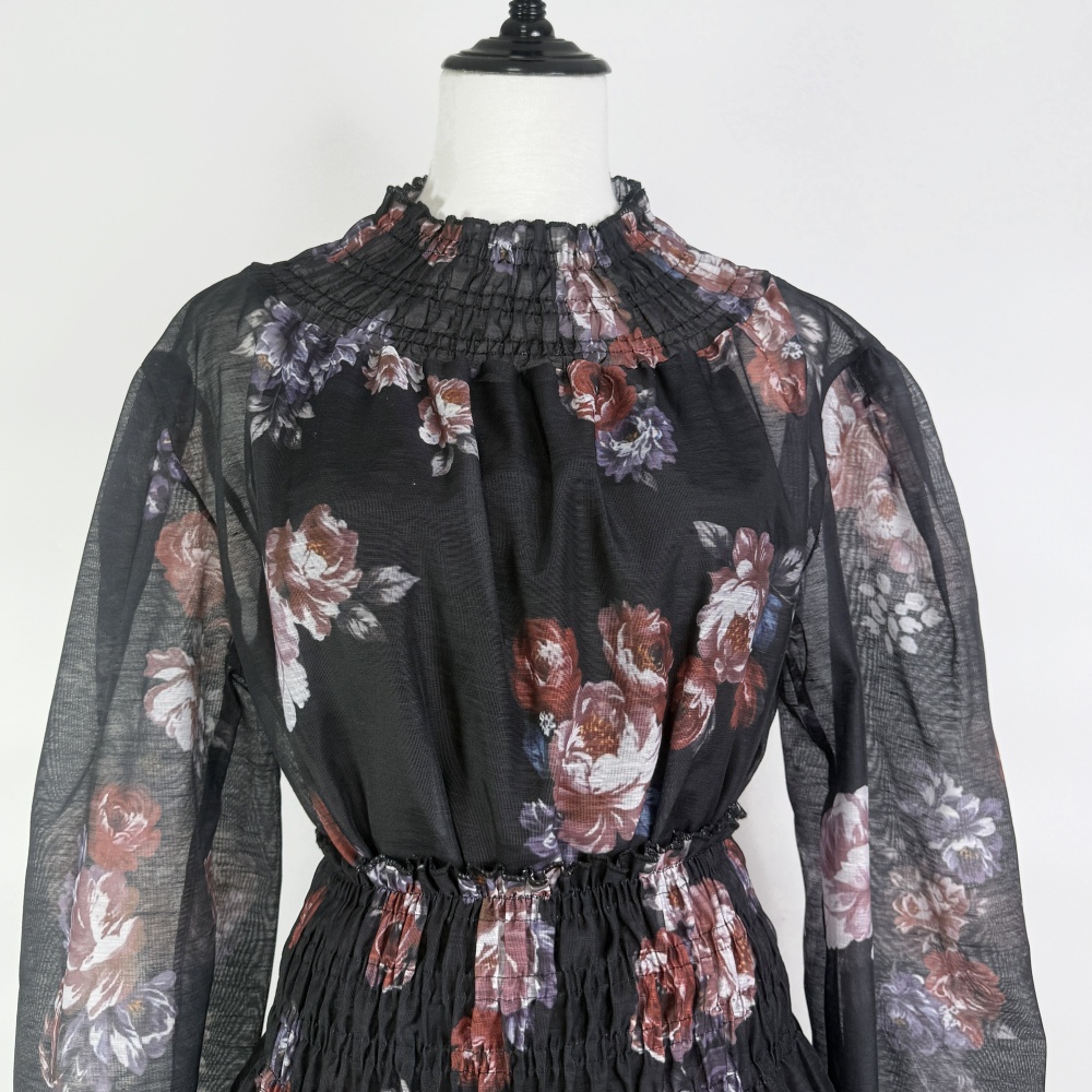 Small high collar printing skirt retro elastic dress a set