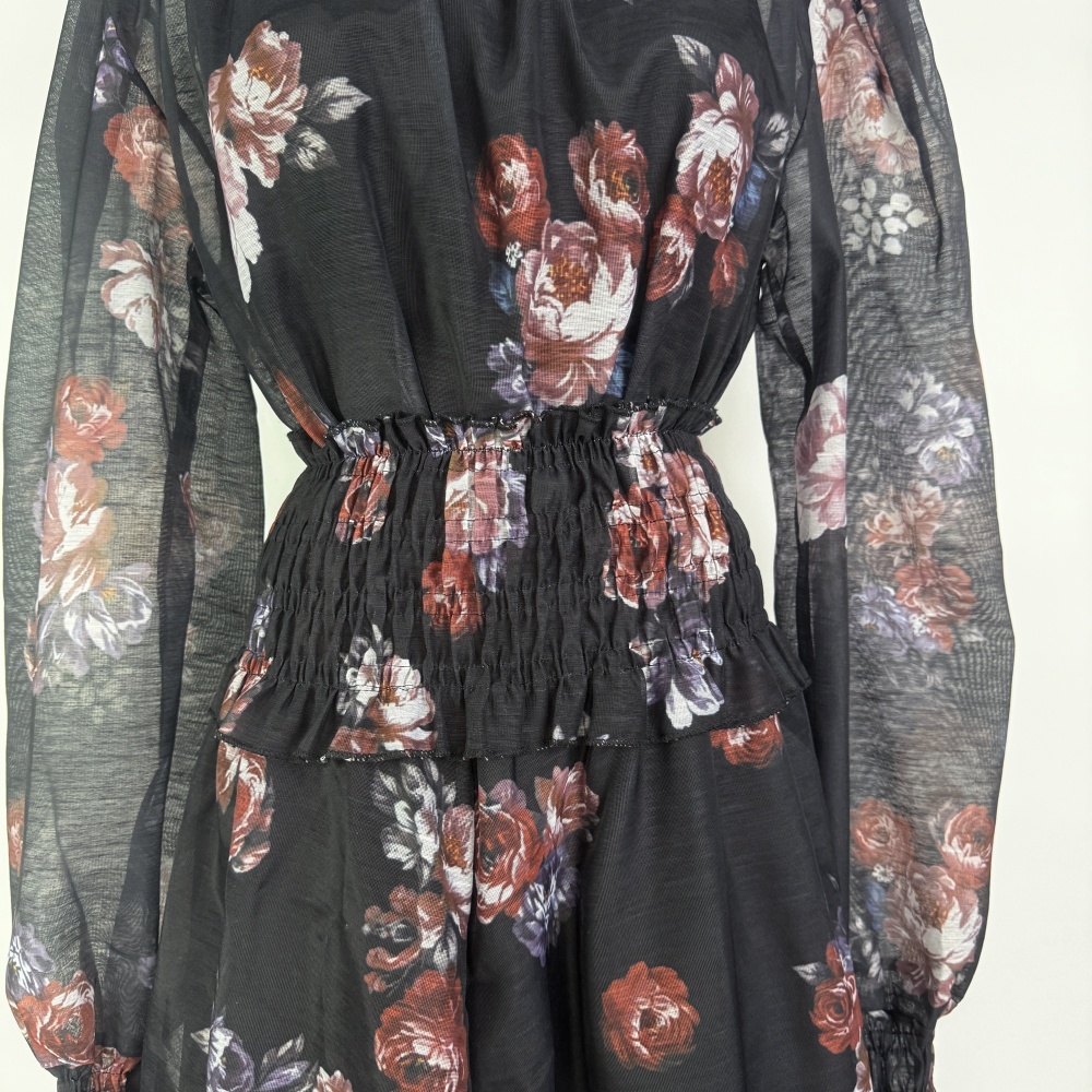 Small high collar printing skirt retro elastic dress a set