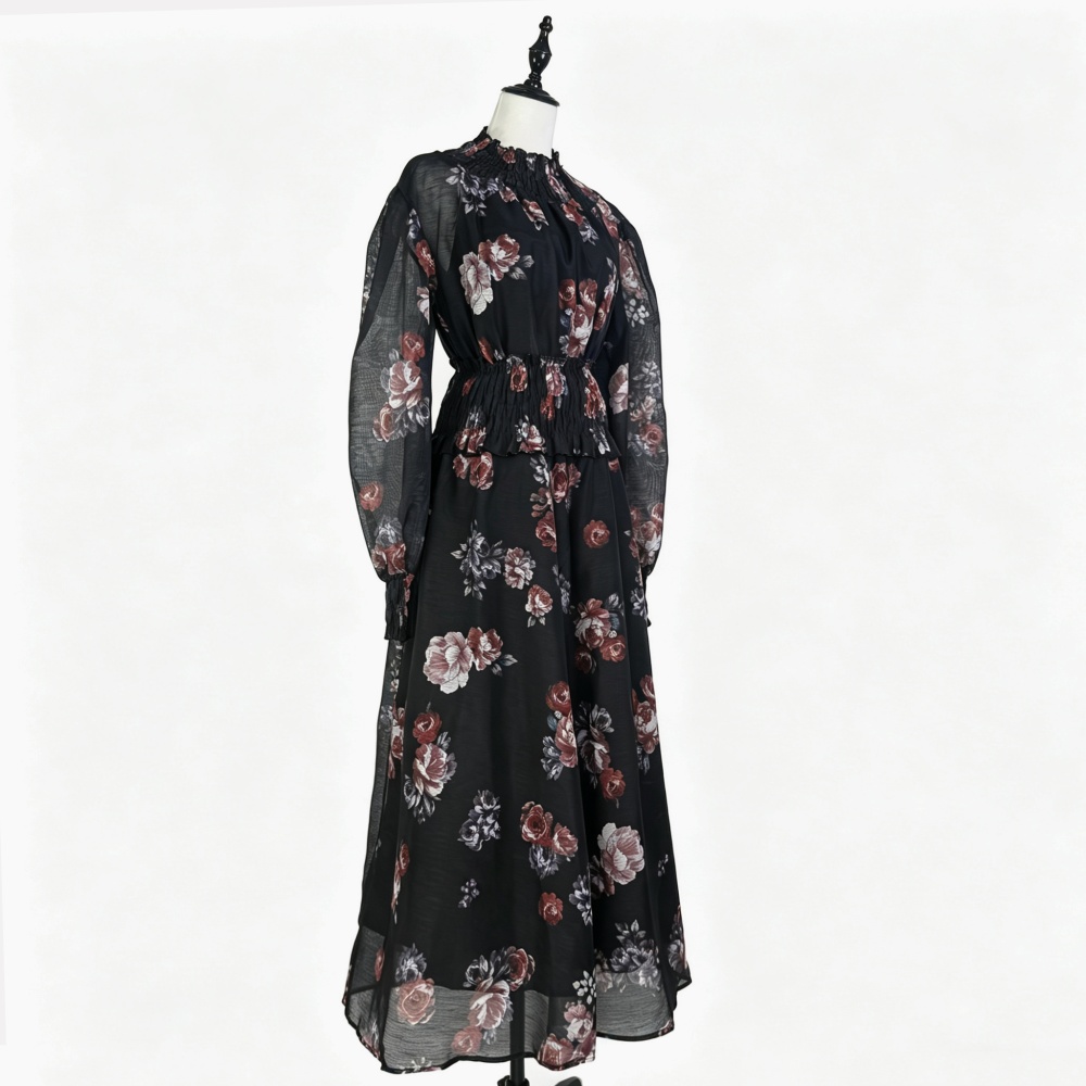 Small high collar printing skirt retro elastic dress a set