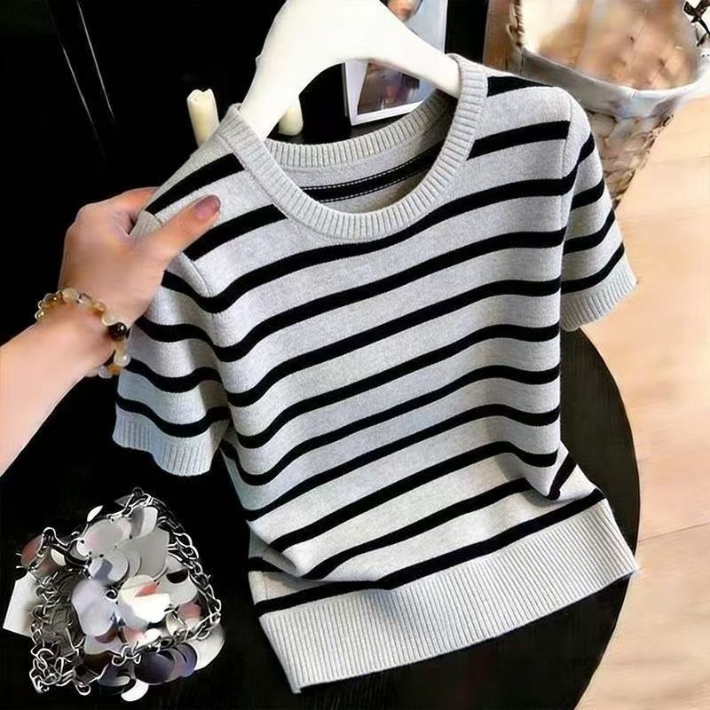 Round neck sweater short sleeve tops for women