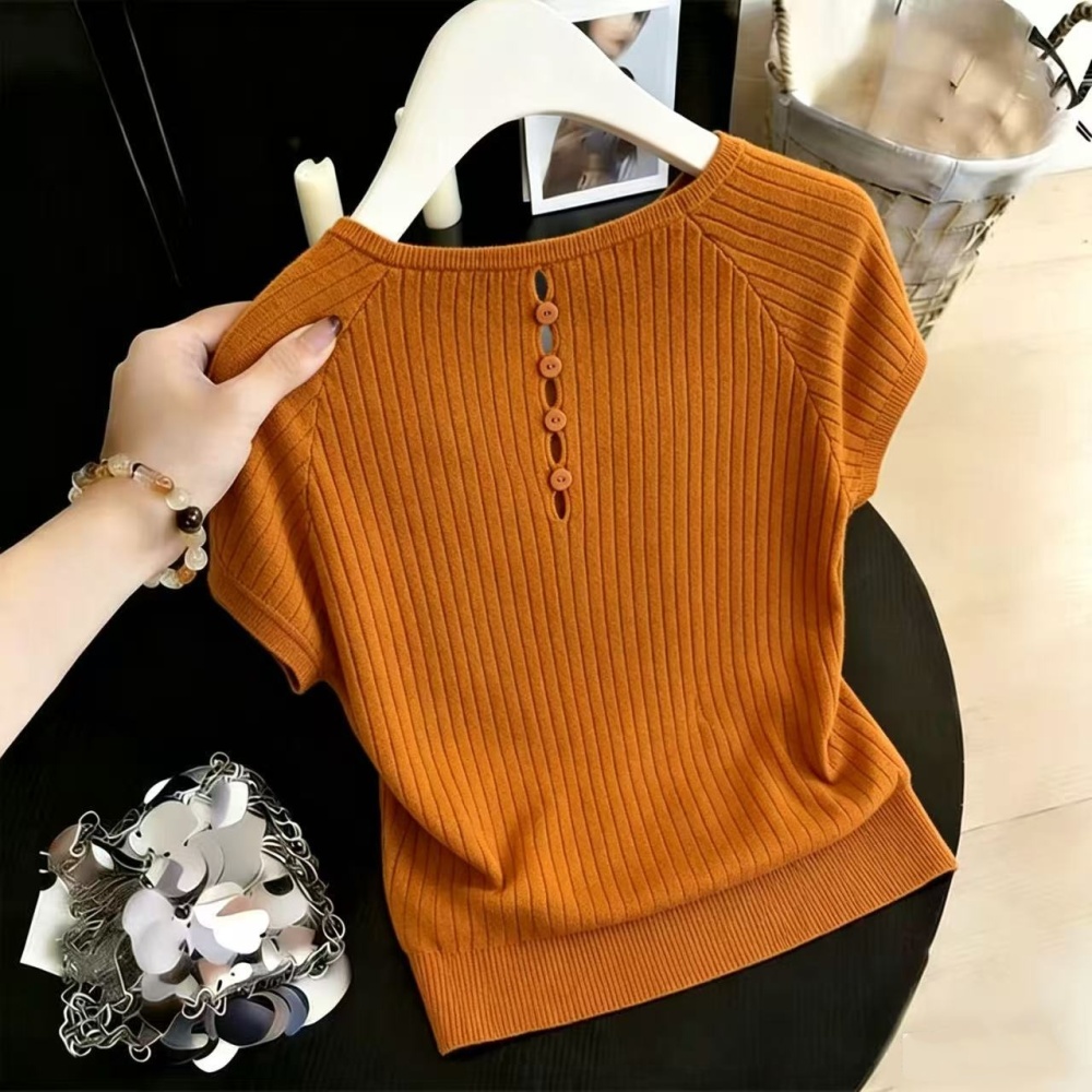 Buckle back hollow T-shirt knitted orange sweater for women