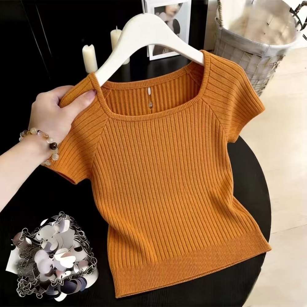 Buckle back hollow T-shirt knitted orange sweater for women