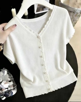 Summer ice silk tops V-neck wood ear cardigan