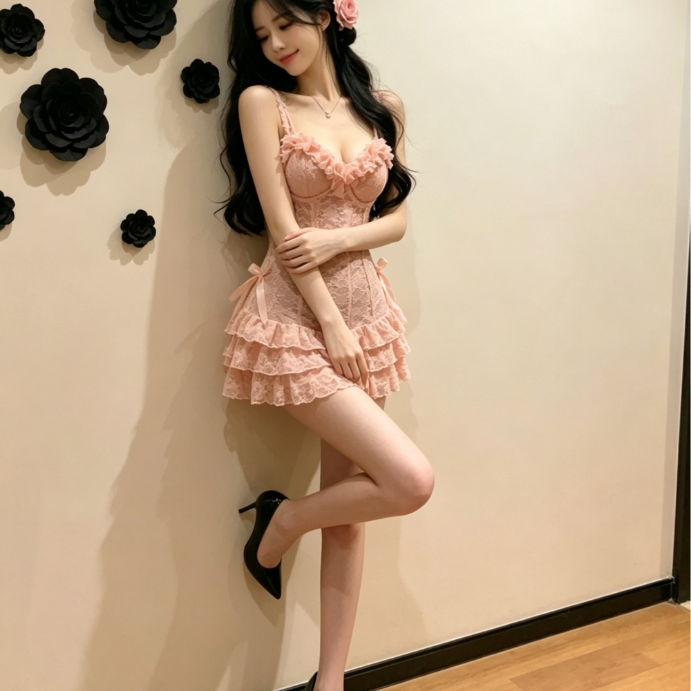 Spicegirl pink lace sexy halter sling fashion dress