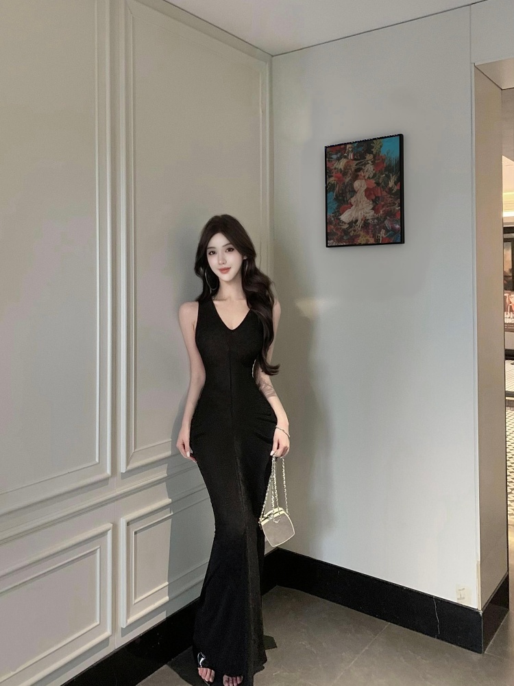 V-neck pinched waist dress Casual summer long dress
