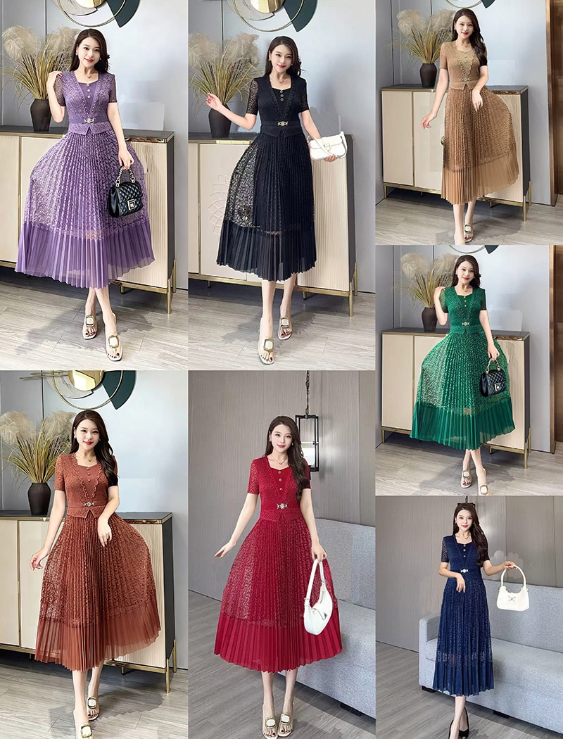 Splice beading pleated fold lace dress for women