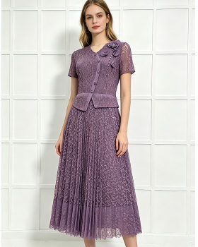 Large yard lace beading fashion slim splice fold dress