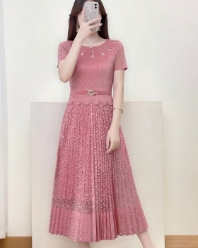 Pleated hollow slim splice large yard dress for women