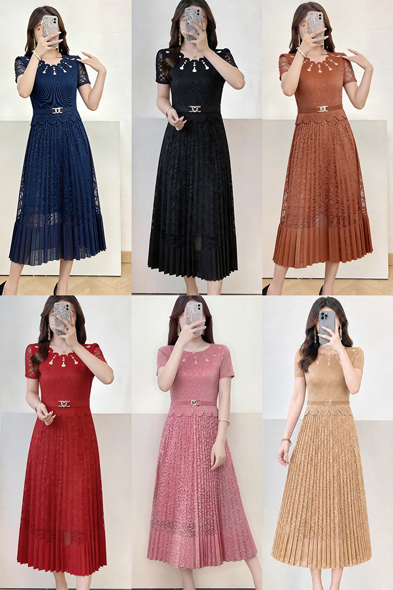 Pleated hollow slim splice large yard dress for women