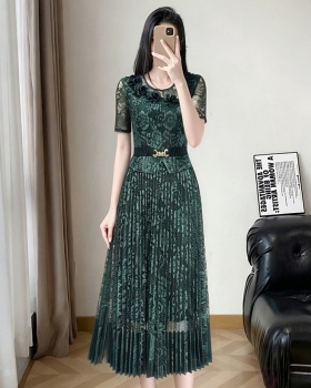 Colors round neck long dress lace pinched waist dress